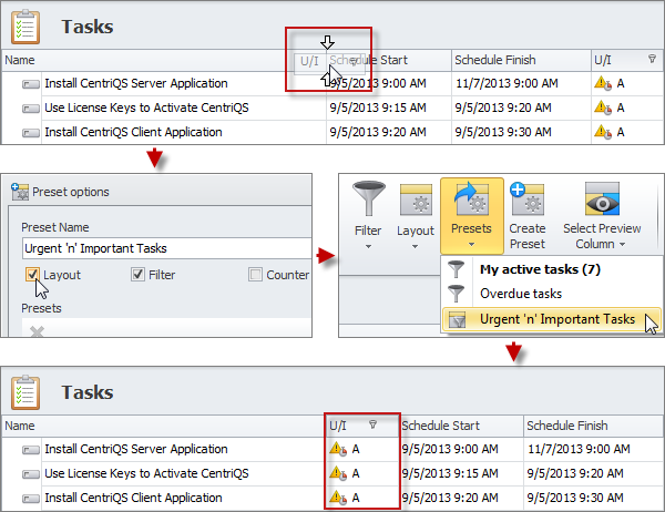 task filter and layout for urgent and important tasks