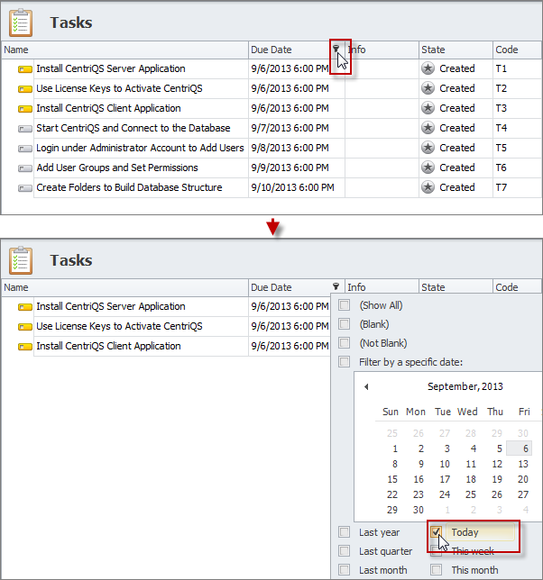 task filter by column value for tasks due today