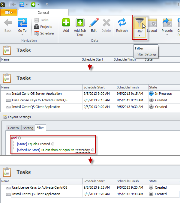 task filter by condition for not started tasks